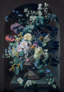 Vase of Flowers with Mimosas and Vase of Flowers with Grape Bunch (Pair)