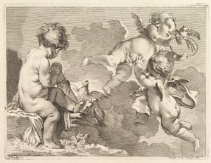 Three Loves, one of which is seated, holding a quiver by Pierre Alexandre Aveline
