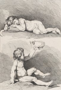 Two nude children, one sleeping and the other holding a wreath, from New Book of Children, 1720-60 by Pierre Alexandre Aveline