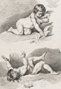 Two nude children playing with a leaf, from New Book of Children by Pierre Alexandre Aveline