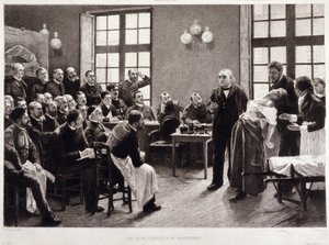 A clinical lecture by Dr. Charcot at the Salpetriere in 1887. Students from the department of Professor Jean Martin Charcot who explains the case of Blanche Wittman, his patient and guinea pig for her research on hysteria by Pierre Andre (after) Brouillet
