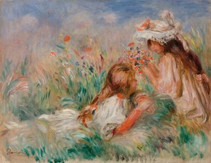 Girls in the Grass Arranging a Bouquet by Pierre Auguste Renoir