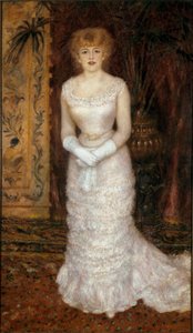Portrait of the actress Jeanne Samary on foot. Painting by Pierre Auguste Renoir