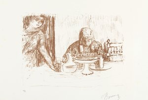 Man and Woman at Set Table with Dishes and Carafe