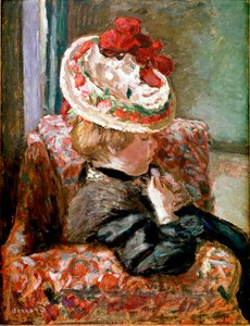 The Straw Hat Woman Sitting on a Flower Couch