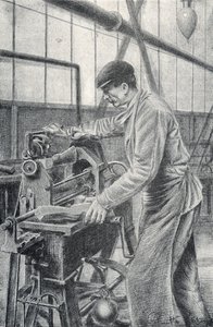Cutting of rifle butts in a weapon factory Engraving from Pierre Calmette Private Collection by Pierre Calmettes