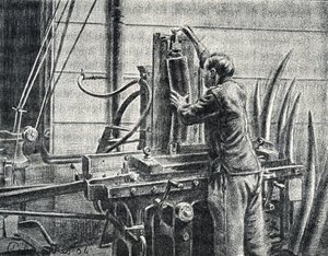 Ivory craftsman cutting elephant tusks Engraving from “Excursion a travers les metiers” by Pierre Calmette Private Collection