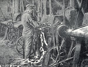 Leather industry: mechanical mowing of furs Engraving from “Excursion a travers les metiers” by Pierre Calmette Private Collection by Pierre Calmettes