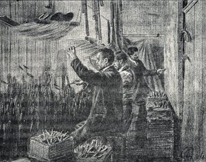 Tapestry of Aubusson: the upholsterers work upside down Engraving from 
