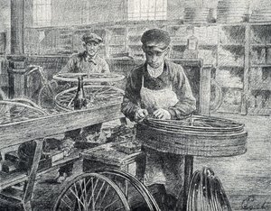 Workers fastening the spokes to the rims of a bicycle during its manufacture. Engraving from Pierre Calmette by Pierre Calmettes