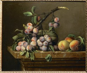 Prunes, Squashes and Peaches on a Marble Table