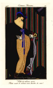 Woman in dress of corn-yellow velvet with black waistcoat
