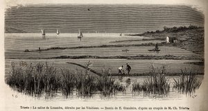 The saline of Lusandra near Trieste, destroyed by the Venetians. Engraving by E. Grandsire illustrating a voyage to Istria and Dalmatia by Charles Yria by Pierre Eugene Grandsire