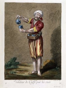 Seller of coffee by the streets, “Collection of 100 prints representing different nations of the Levant in 1707 and 1708” by orders of M. de Frriol, ambassador of the king at the Porte and updated in 1712-13 by the care of M. Le Hay, Basan engraver, Paris by Pierre François Basan