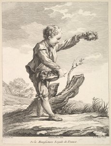 Little Boy Holding a Wreath and Basket of Flowers, from Deuxième Livre de Figures by Pierre François Tardieu