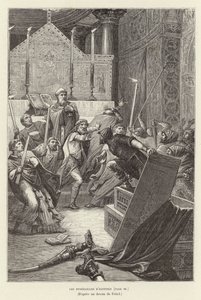 The Funerals of Hastings. Vikings attacking a French church at the funeral of their leader, Hasting, after he feigned death by Pierre Fritel