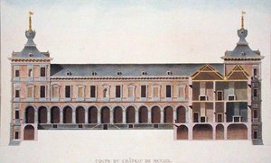 Cross Section of Chateau at Ronse, Belgium, from Choix des Monuments, Edifices et Maisons les plus remarquables du Royaume des Pays-Bas by Pierre Jacques Goetghebuer, published 1827