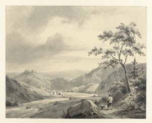 Hilly Landscape with Hunter and Dog on Path