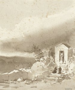Two Kneeling Figures on the Steps of a Chapel in the Mountains