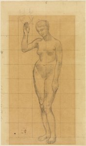 Standing Female Nude, Diagonally to the Left, Holding a Wreath in the Raised Right Hand