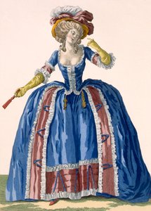 English Style Hooped Dress in Electric Blue with Burgundy Frilled Edging, Engraved by Bacquoy, Plate No.182 from 