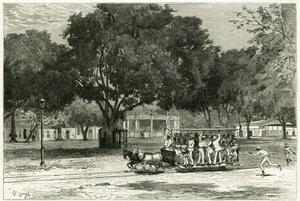 Tram, shooting by horses, in the port of Para (Brazil), on the largo of Nazareth. Engraving by Vignal, to illustrate the story Amazon and Cordilleres by Pierre Vignal