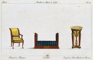 Flanged Armchair, Loveseat and Tripod Table, Plate 211, Illustration from Collection de Meubles et Objects de Gout by Pierre de La Mesangere