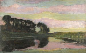 River Landscape with Pink and Yellowgreen Sky