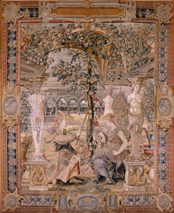 Flemish tapestry. Series Vertumnus and Pomona. Vertumnus transformed into an old woman. Sixth tapestry in the series. Model Circle of Pieter Coecke van Aelst. Manufacture Wilhelm Pannemaker, Brussels. Ca1545-1550