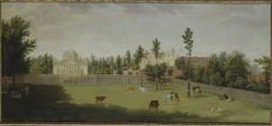 View of the new villa, old house and stables from across Burlington Lane, Chiswick Villa