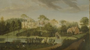 View of the terrace looking across the canal to the side of the villa, Chiswick Villa