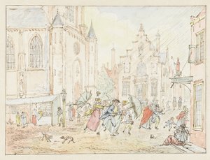 Square with People in the Rain by Pieter Bartholomeusz. Barbiers
