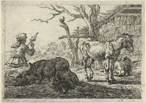 Spinning Woman, Pigs, and Donkeys (Various Animals) by Pieter Bodding van Laer