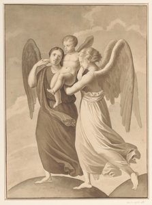 Two Angels Carrying a Child Across the Divide of Two Globe-like Worlds