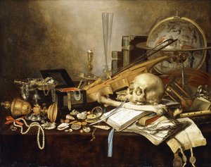 A Vanitas Still Life of Musical Instruments and Manuscripts, an Overturned Gilt Covered Goblet, a Jewellery Casket, a Candlestick, an Astrological Globe, a String of Pearls, Jewels, Shells, a Skull and Femur and an Hour-Glass on a Draped Table