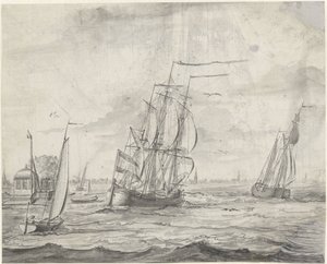 Inland Water with Ships, a Town in the Distance by Pieter Idserts