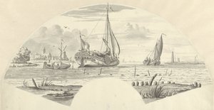 View of Several Boats on the Water and a Mill by a Church by Pieter Idserts