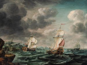 A Dutch Man-o’-War and Trading Vessels off a Rocky Headland