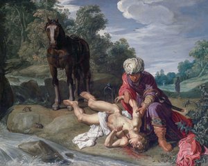 The Good Samaritan tending the wounds of the traveller (Luke 10:25-37) by Pieter Lastman