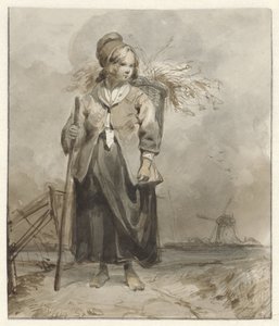 Standing Woman with Stick and Basket on Her Back by Pieter Marinus van de Laar (attributed to)