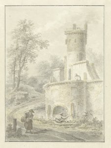 Landscape with Angler and Walking Woman by a Fortress Tower by Pieter Pietersz. Barbiers