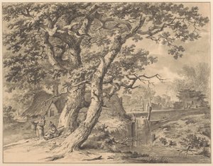 Landscape with Waterfall under Two Large Trees