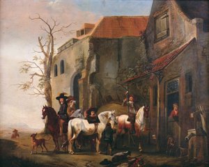 Riders and Horses at the Door of an Inn by Pieter Wouwermans or Wouwerman