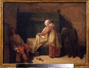 The Morning of a Young Man. A young man preparing to wake up while a maid makes the bed. On the floor, a slipper and a chamber pot. by Pieter de Hooch