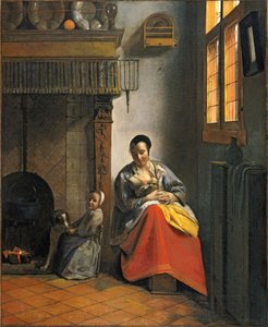 Woman Nursing an Infant, with a Child and a Dog by Pieter de Hooch
