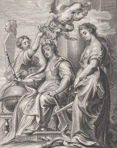 Allegory of Good Government, seated at center and being crowned by a putto and a woman by Pieter de Jode II