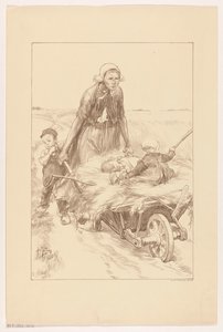 Peasant Woman Pushing a Wheelbarrow with Hay and Two Children by Pieter de Josselin