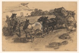 Team of Three Horses Pulling a Wagon on a Sloping Field in Limburg by Pieter de Josselin