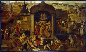Christ Driving the Money Lender from the Temple. With scenes of the Passion of Christ in the background, in front of the city panorama. Painting by a Dutch artist influenced by Hieronymus (Jerome) Bosch by Pieter Bruegel the Elder