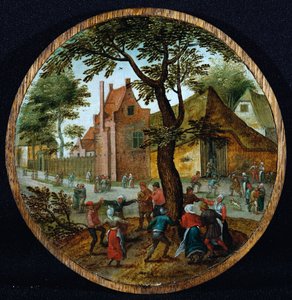 Peasants dancing around a tree in a village street